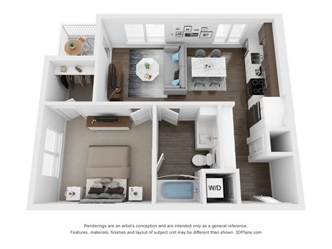 Floor plan for 1 bed, 1 bath, 686 sqft